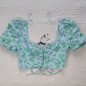 Zara Blue and Green Puff Sleeve  with Tie Front Crop Top/Blouse
